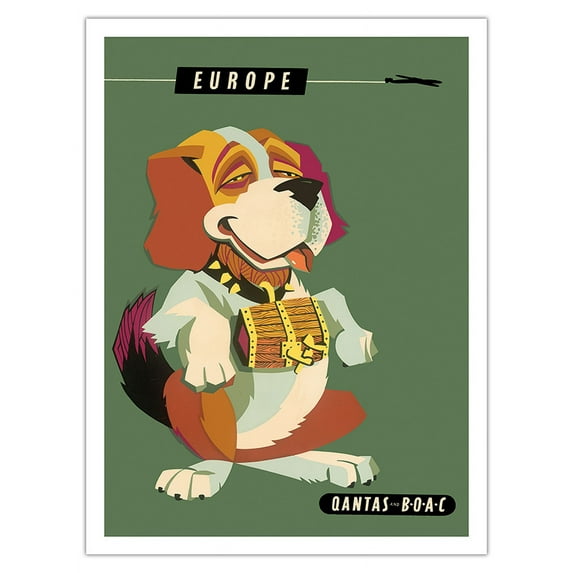 Europe - Saint Bernard Dog - QANTAS - BOAC (British Overseas Airways Corp) - Vintage Airline Travel Poster by Harry Rogers c.1960s - Bamboo Fine Art 290gsm Paper (Unframed) 12x16in