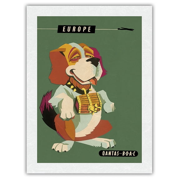Europe - Saint Bernard Dog - QANTAS - BOAC (British Overseas Airways Corp) - Vintage Airline Travel Poster by Harry Rogers c.1960s - Japanese Unryu Rice Paper Art Print 24 x 32 in
