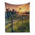 thumbnail image 1 of Europe Soft Flannel Fleece Blanket, Morning Sunbeams over Countryside Farmhouse Colorful Sky Carpathian Ukraine, Cozy Plush for Indoor and Outdoor Use, 50" x 60", Fern Green Yellow, by Ambesonne, 1 of 5