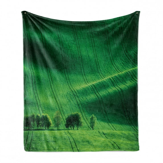 Europe Soft Flannel Fleece Blanket, Rolling Sunny Hills with Meadow Fields and Trees Southern Moravia, Czech Republic Print, Cozy Plush for Indoor and Outdoor Use, 60" x 80", Emerald, by Ambesonne