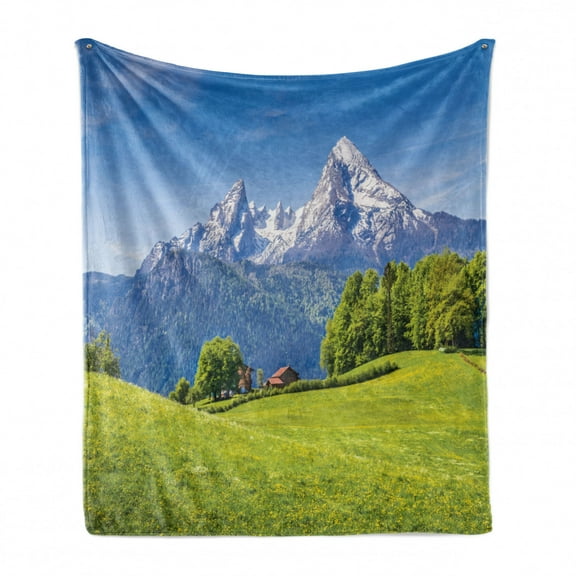 Europe Soft Flannel Fleece Throw Blanket, Blooming Flowers Snowcapped Mountain Tops in Background National Park Bavaria, Cozy Plush for Indoor and Outdoor Use, 50" x 70", Green Sky Blue, by Ambesonne