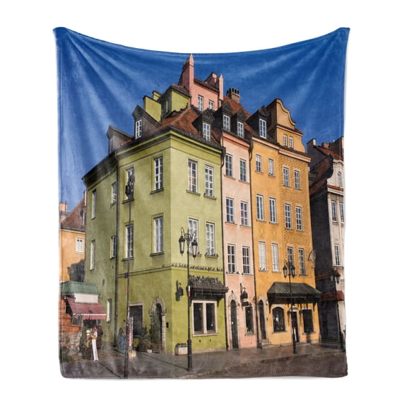 Europe Soft Flannel Fleece Throw Blanket, Poland Historical Colorful Apartments Exterior Photo, Cozy Plush for Indoor and Outdoor Use, 60" x 80", Multicolor, by Ambesonne