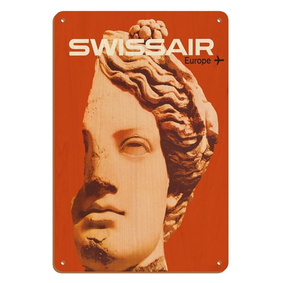 Europe - Swissair - Ancient Greek Bust - Vintage Airline Travel Poster by Nikolaus Schwabe c.1964 - 8 x 12 inch Vintage Wood Art Sign