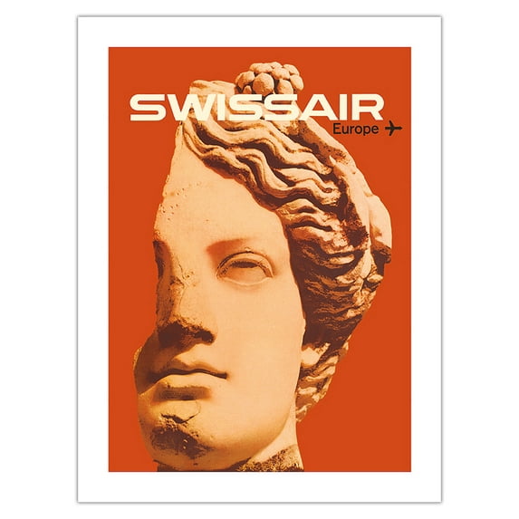 Europe - Swissair - Ancient Greek Bust - Vintage Airline Travel Poster by Nikolaus Schwabe c.1964 - Fine Art Matte Paper Print (Unframed) 24x32in