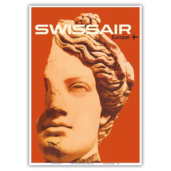 Europe - Swissair - Ancient Greek Bust - Vintage Airline Travel Poster by Nikolaus Schwabe c.1964 - Master Art Print 10in x 14in