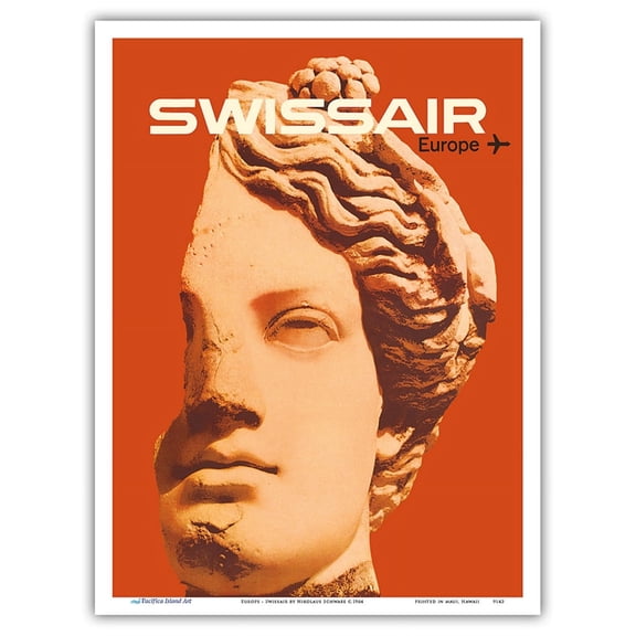 Europe - Swissair - Ancient Greek Bust - Vintage Airline Travel Poster by Nikolaus Schwabe c.1964 - Master Art Print (Unframed) 9in x 12in