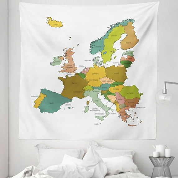 Europe Tapestry, Colored Illustrated Map of the European Continent and Countries with Borders, Fabric Wall Hanging Decor for Bedroom Living Room Dorm, 5 Sizes, Multicolor, by Ambesonne