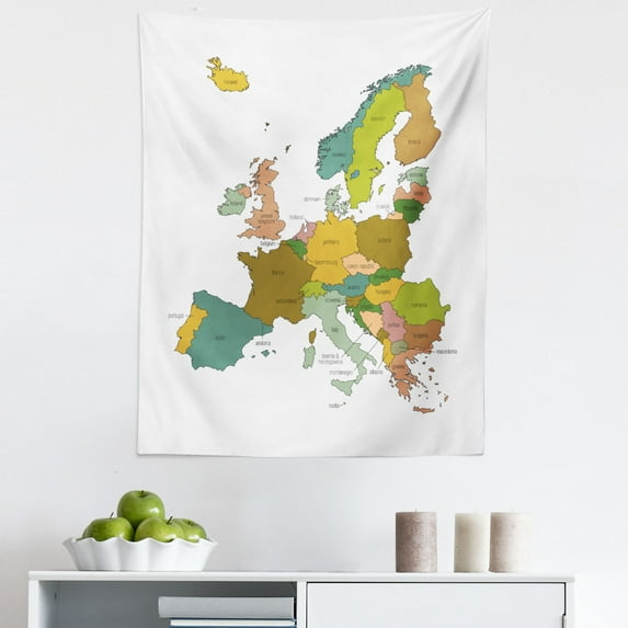 Europe Tapestry, Colored Illustrated Map of the European Continent and Countries with Borders, Fabric Wall Hanging Decor for Bedroom Living Room Dorm, 5 Sizes, Multicolor, by Ambesonne