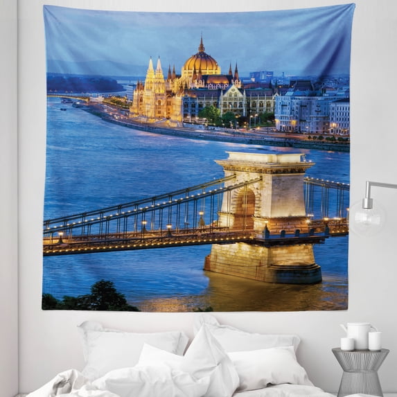 Europe Tapestry, River of Budapest at the Evening Tranquil Bridge Hungarian Culture Heritage, Fabric Wall Hanging Decor for Bedroom Living Room Dorm, 5 Sizes, Multicolor, by Ambesonne