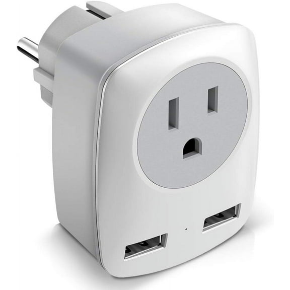 Europe Travel Adapter, European Plug Adapter for America to France/Germany/Italy/Finland/Greece/Iceland, International Power Adaptor 2 USB & 1 US Outlet to Charge iPhone iPad Laptop (Schuko