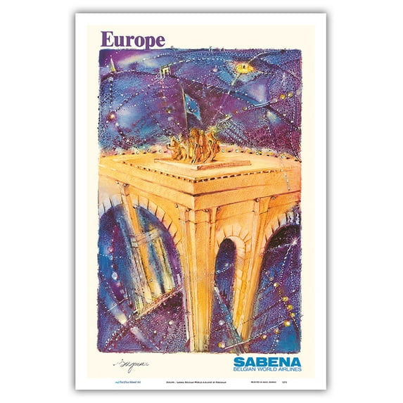 Europe - Triumph Arch - Sabena Belgian World Airlines - Vintage Airline Travel Poster by Bergman - Master Art Print (Unframed) 12in x 18in