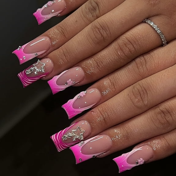 Europe and the United States popular pink zebra pattern wearing nail medium and long square manicure fake nail 3D three-dimensional wearable nail piece