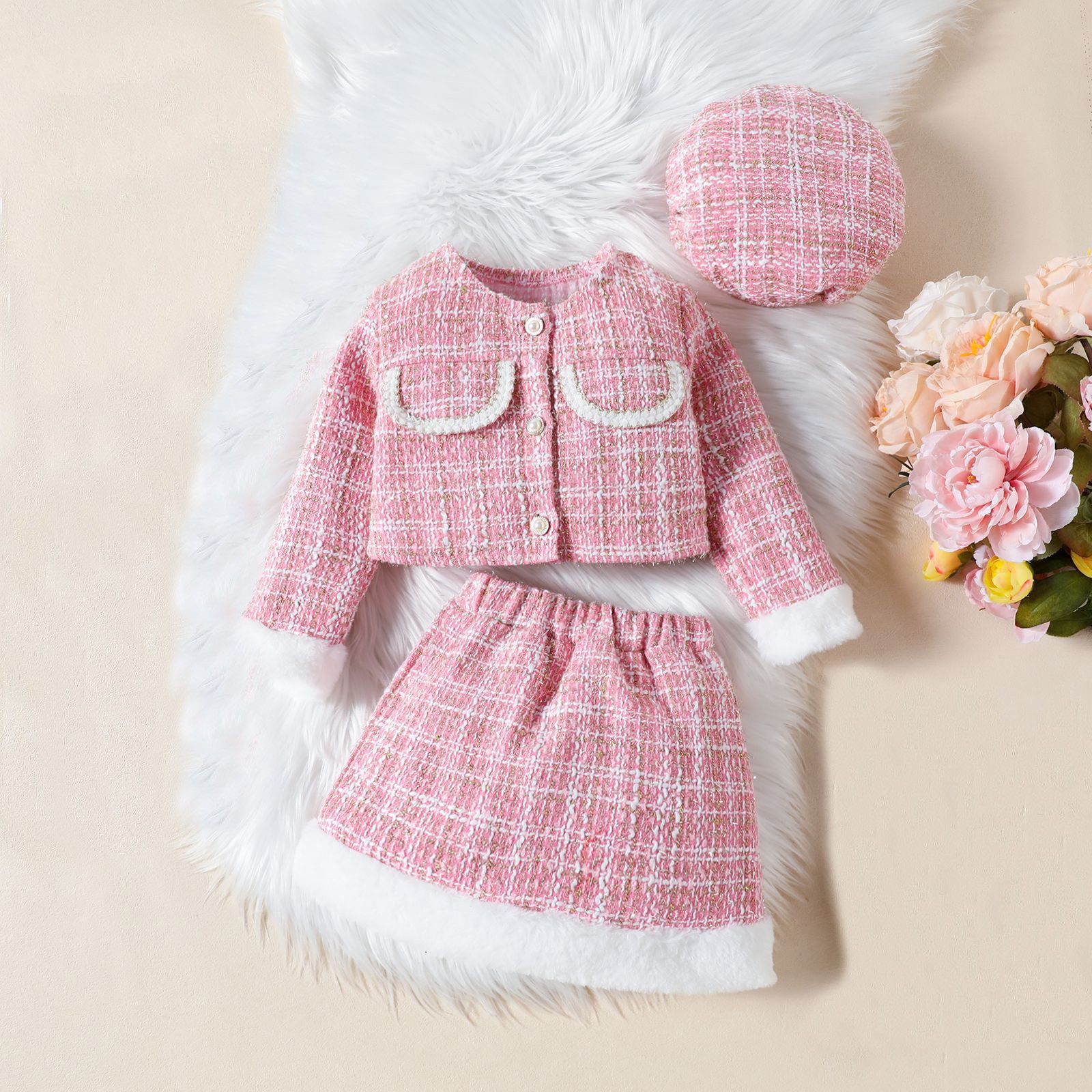 Europe and The United States Girls Small Fragrance Suit Autumn New Furry Patchwork Coat + Skirt + Beret Three Set