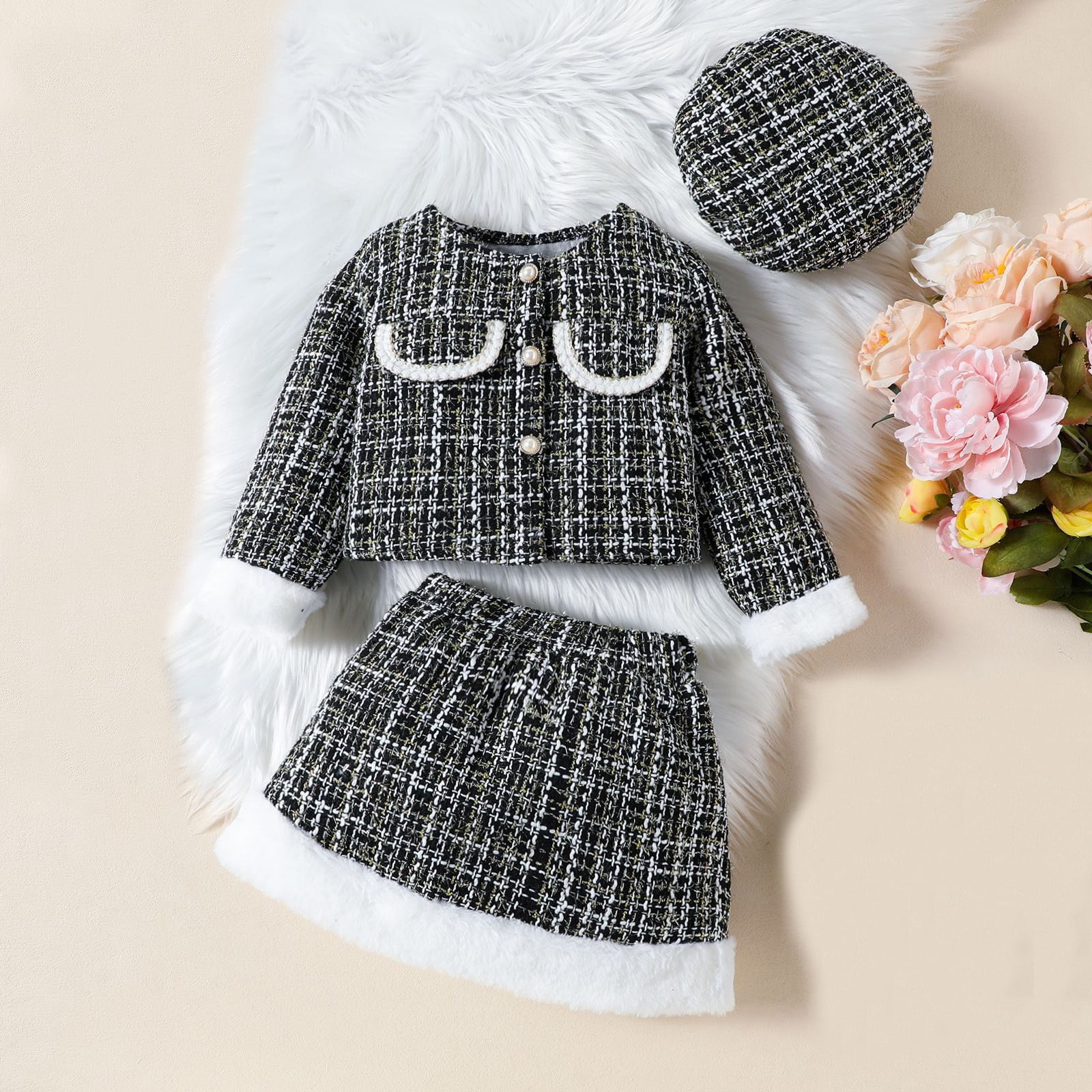 Europe and The United States Girls Small Fragrance Suit Autumn New Furry Patchwork Coat + Skirt + Beret Three Set