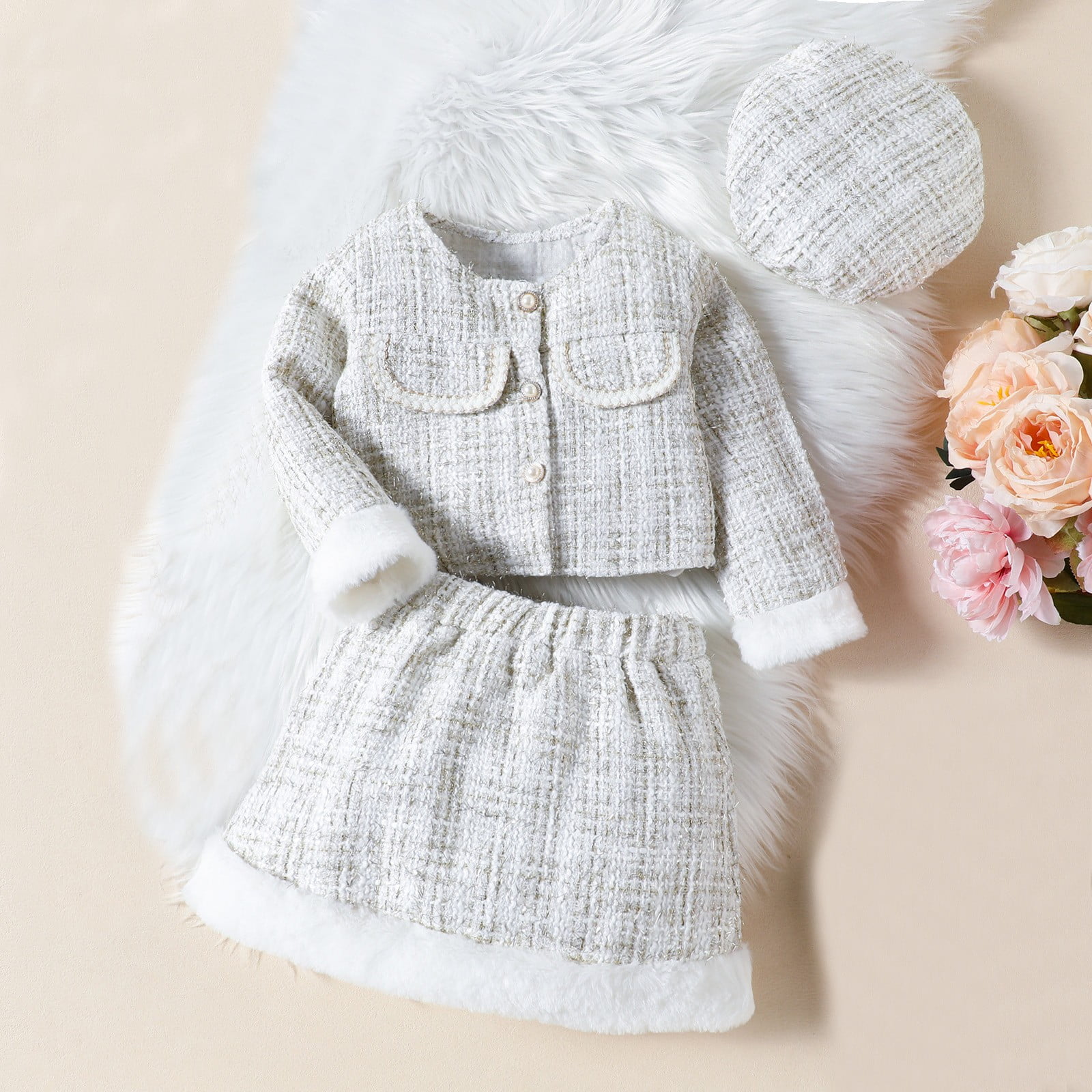 Europe and The United States Girls Small Fragrance Suit Autumn New Furry Patchwork Coat + Skirt + Beret Three Set