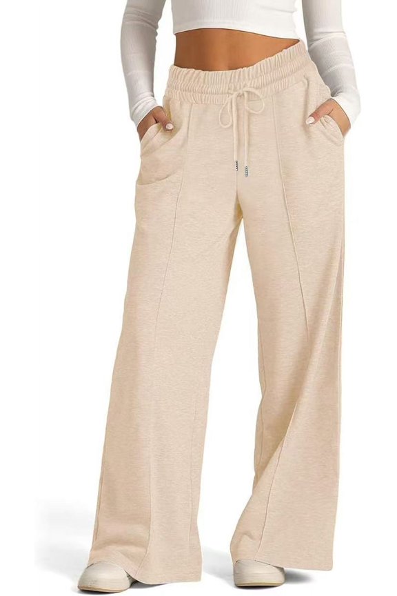 Europe and The United States Women's Drawstring Waist Fashion Wide Leg Pants Solid Color Casual Pants