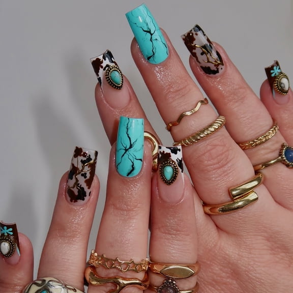 Europe and the United States cross-border flash love diamond cyan striped ink white edge manicure wear nail piece 24 pieces spot wholesale