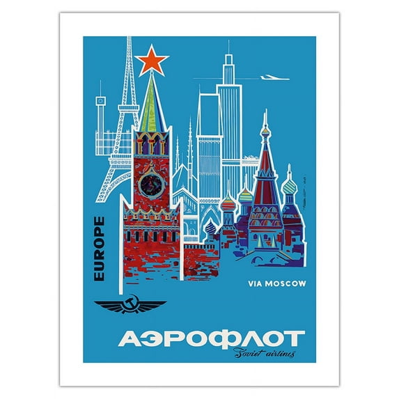 Europe via Moscow Aeroflot Russian Airlines National Airline of Russia - Vintage Airline Travel Poster c.1968 - Fine Art Matte Paper Print (Unframed) 18x24in