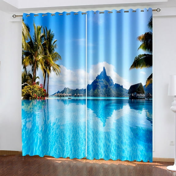 European 3D Coastal Beach Scenery Window Curtains Bedroom Living Room Window Curtains 2 Panels Decoration Custom Drapes Home
