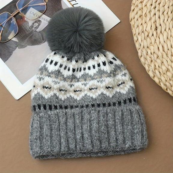European and American Artistic Retro Autumn Winter Fleece-Lined Warm Knitted Hat, Bohemian Style Pom-Pom Fashion Versatile Yarn Hat, Cycling, Hiking, Skiing Outdoor Sports Hat, Christmas Gift