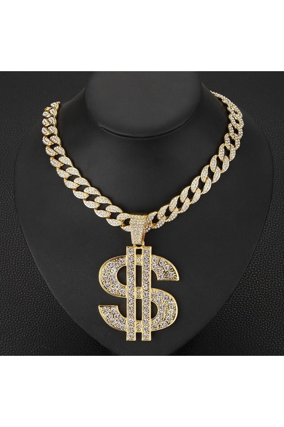 European and American Fashion Brand Punk Trendy Cool Dollar Currency Pendant Men's Hip Hop Trendy Cuban Link Chain Personality Zinc Alloy Gold Plated Dollar Street Necklace
