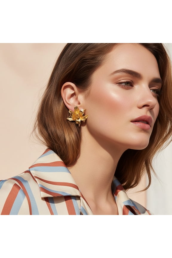 European and American Light Luxury Retro Gold Alloy Large Flower Earrings Exaggerated Three-Dimensional Floral Stud Earrings Cross-Border Amazon Ear Jewelry