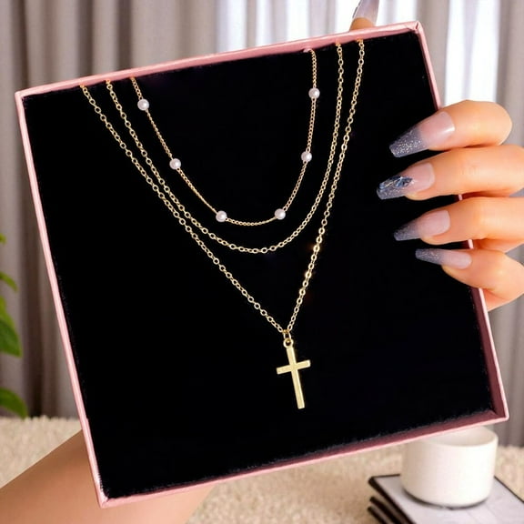 European American Personalized Cross Pendant Clavicle Chain Light Luxury Multi Layered Niche Jewelry Necklace Gold 1 pcs