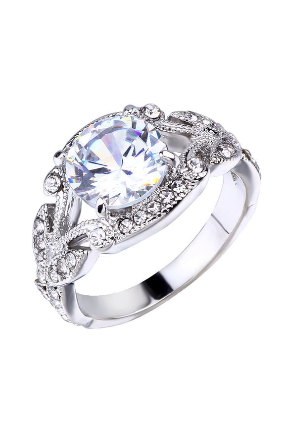 European American Princess Alloy Floral Tree Leaf Engagement Ring, Gold-Plated with Artificial Gems, Birthday Gift for Women