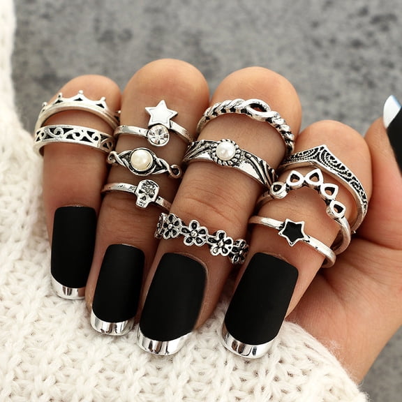 European American Retro Carved Crown Ring Set - 11 Piece Alloy Inlaid Artificial Gem Pearl Star Flower Electroplated Rings for Women