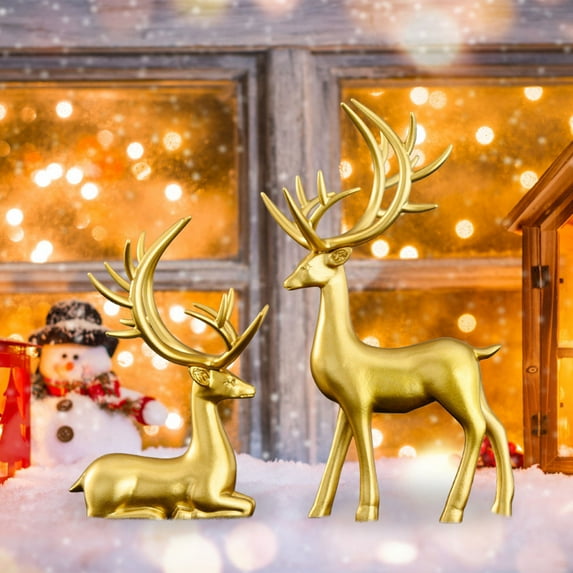 European-American Style Christmas Resin Couple Deer Crafts - Electroplated Home Decor, Lifelike Design for Living Room TV Cabinet/Fireplace/Shelf, Ideal for Year-Round Use & Holiday Gifts,C