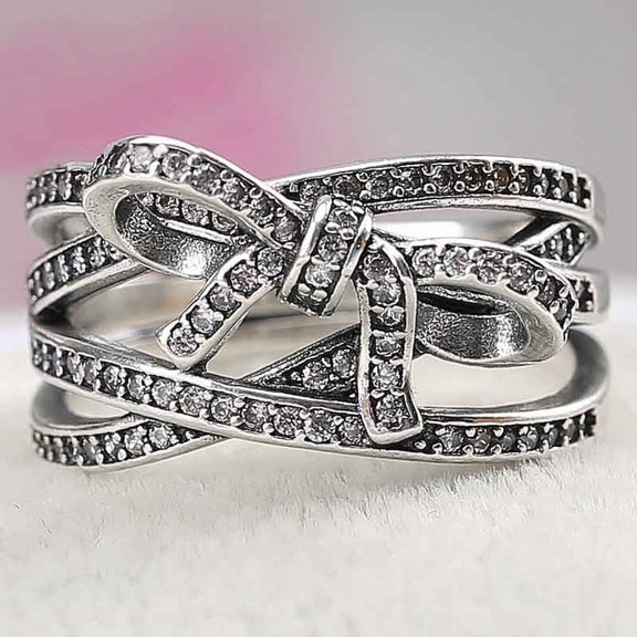 European American Style Multi-Layer Cross Bow Rhinestone Ring, Individually Packed Copper Ring for Festival Gift Giving