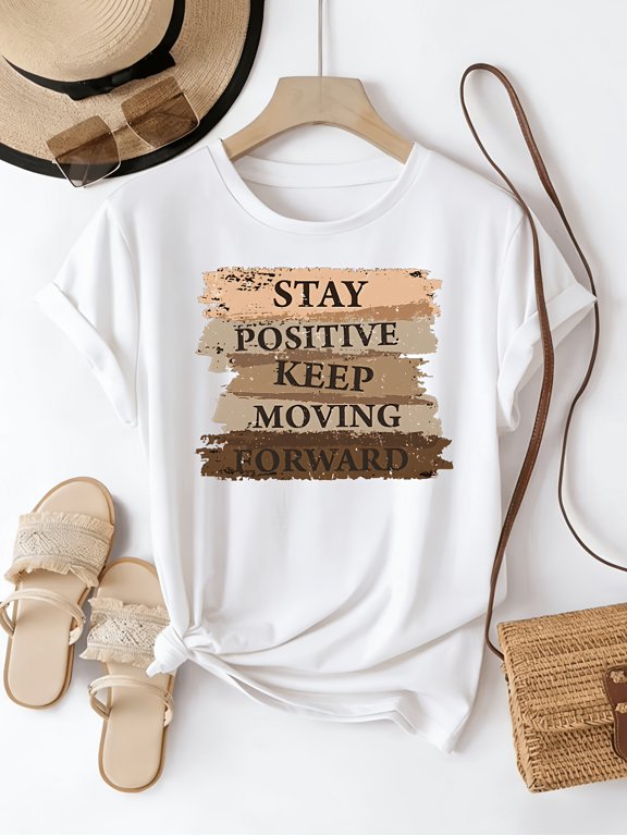 European American Style “Stay Positive” Inspirational Quote Color Block Print Short Sleeve Breathable Comfortable T-Shirt for Women, Summer New Daily Casual Positive Energy Top