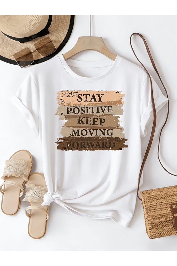 European American Style “Stay Positive” Inspirational Quote Color Block Print Short Sleeve Breathable Comfortable T-Shirt for Women, Summer New Daily Casual Positive Energy Top