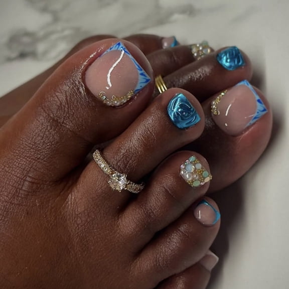European and American cross-border hot-selling foot nail art short square 3D three-dimensional toenail piece Pearl flash diamond wearable toenail piece