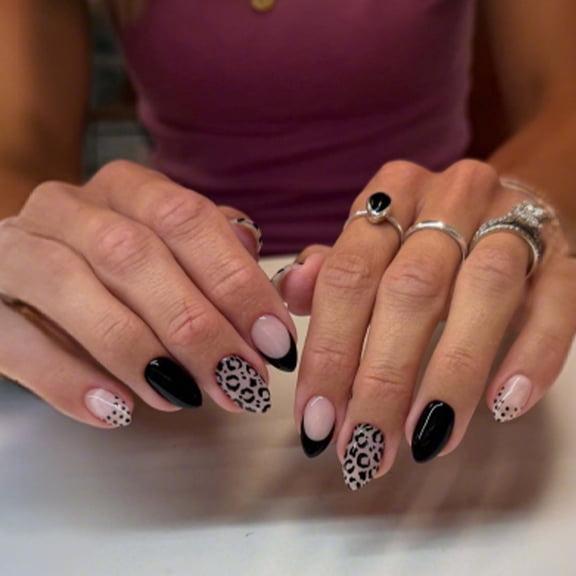 European and American foreign trade wearing armor black French Spice Girl black and white leopard print manicure fake nail almond nail long nail sticker