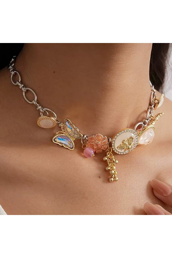 European and American style diamond-studded resin butterfly flower imitation pearl bee tassel necklace, light luxury fashion personalized collarbone chain