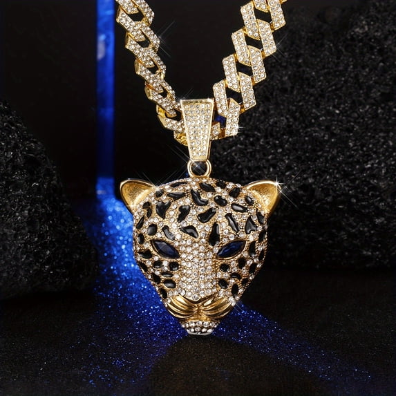European and American style, hip-hop style, personality, versatile, men's and women's belts, luxury fashion brand animals, leopard head pendants, diamond-shaped Cuban necklaces