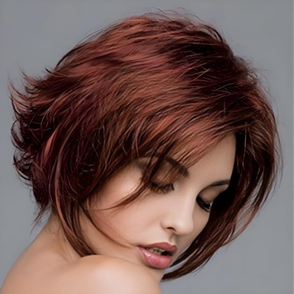European and American women's chestnut red wig with short curly hair | Chemical fiber high-temperature silk wig with outward curling and middle parting bangs