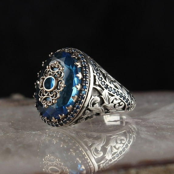 Mens Geometric Ring with Blue Zircon Gemstone Antique Silver Finish Alloy Band European American Design Fashion Jewelry Ring Gift for Him