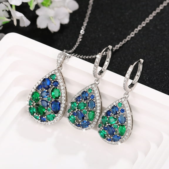 European And American Blue Emerald Jewelry Suit Long Necklace