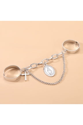 Womens Punk Ring Set with Tassel Chain Alloy Adjustable Opening Fashion Rings European and American Circle Rings Smooth