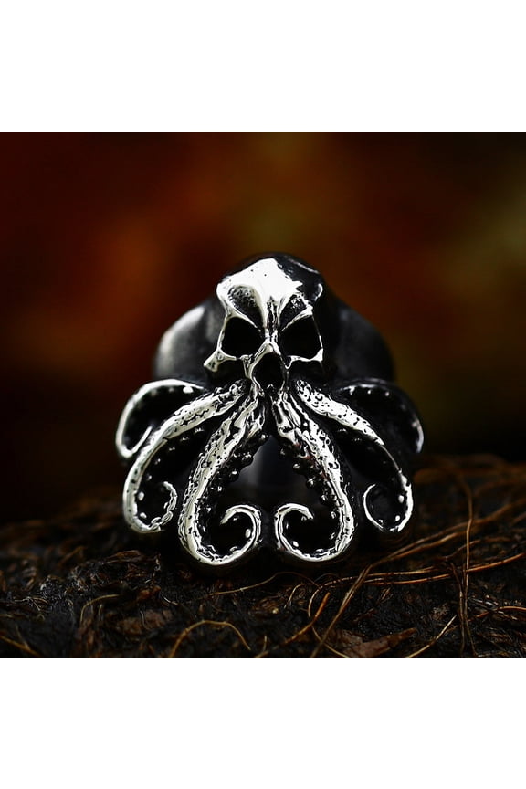 Punk Skull Ring Adjustable Retro European and American Antique Silver Alloy Material Unique Pattern Design Statement Ring Fashion Jewelry Ring for Men and Women