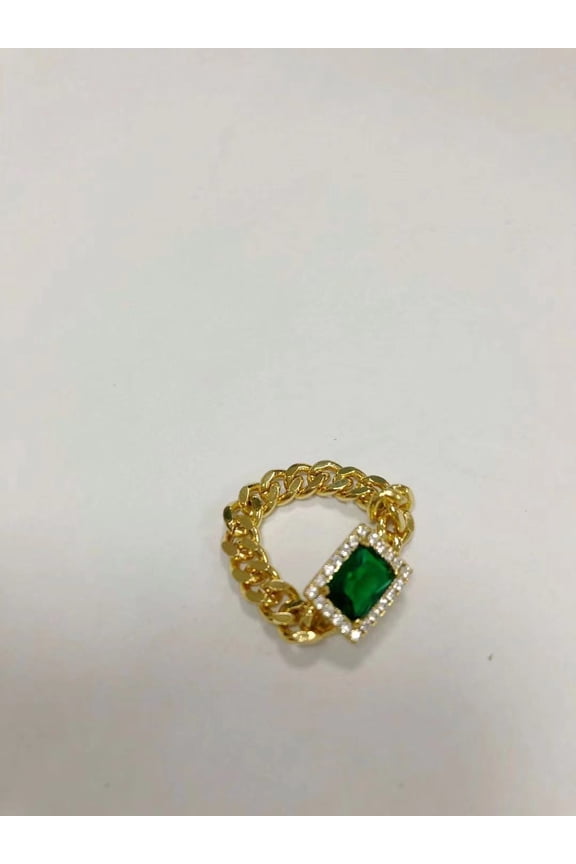 Womens Retro Emerald Ring with Chain European and American Brass Ring Golden Green Inlay Artificial Precious Stones Semi-Precious Stones Cartoon Ring Jewelry