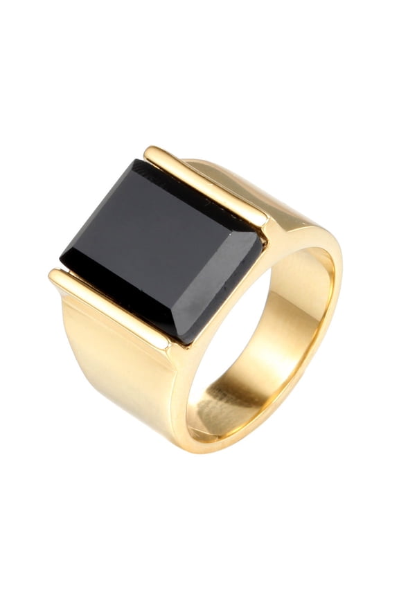 Mens Titanium Steel Ring European American Retro Obsidian Inlay Gold Plated Artificial Gem Semi Gem Steel Black Ring Jewelry Gift for Him