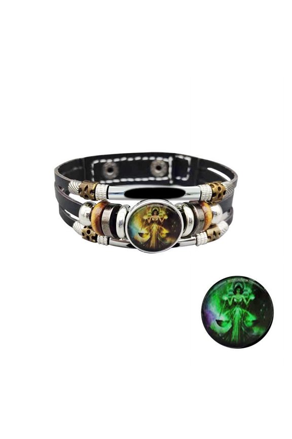 Unisex Retro Leather Bracelet Constellation Luminous Zodiac Sign Bracelet with Alloy Inlay Vintage Jewelry Gift