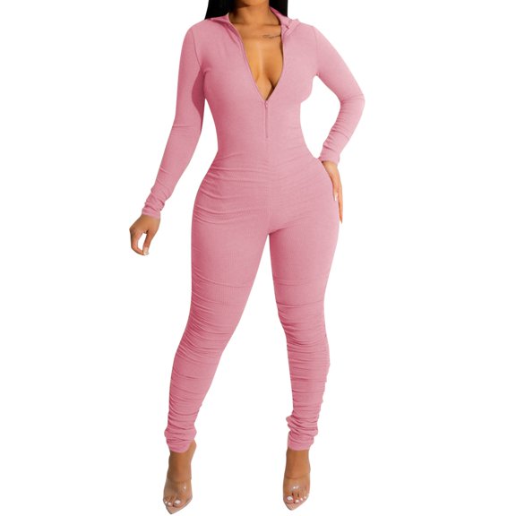 European And American Women's Clothing And Winter Threaded Zipper V Neck Lifting Slim Sexy Jumpsuit