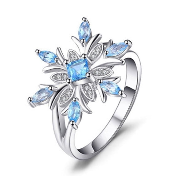 Womens Elegant Ring with Floral Snowflake Design Light Blue Zircon Stone Electroplated Metal Ring Perfect for Wedding Jewelry Individually Packed