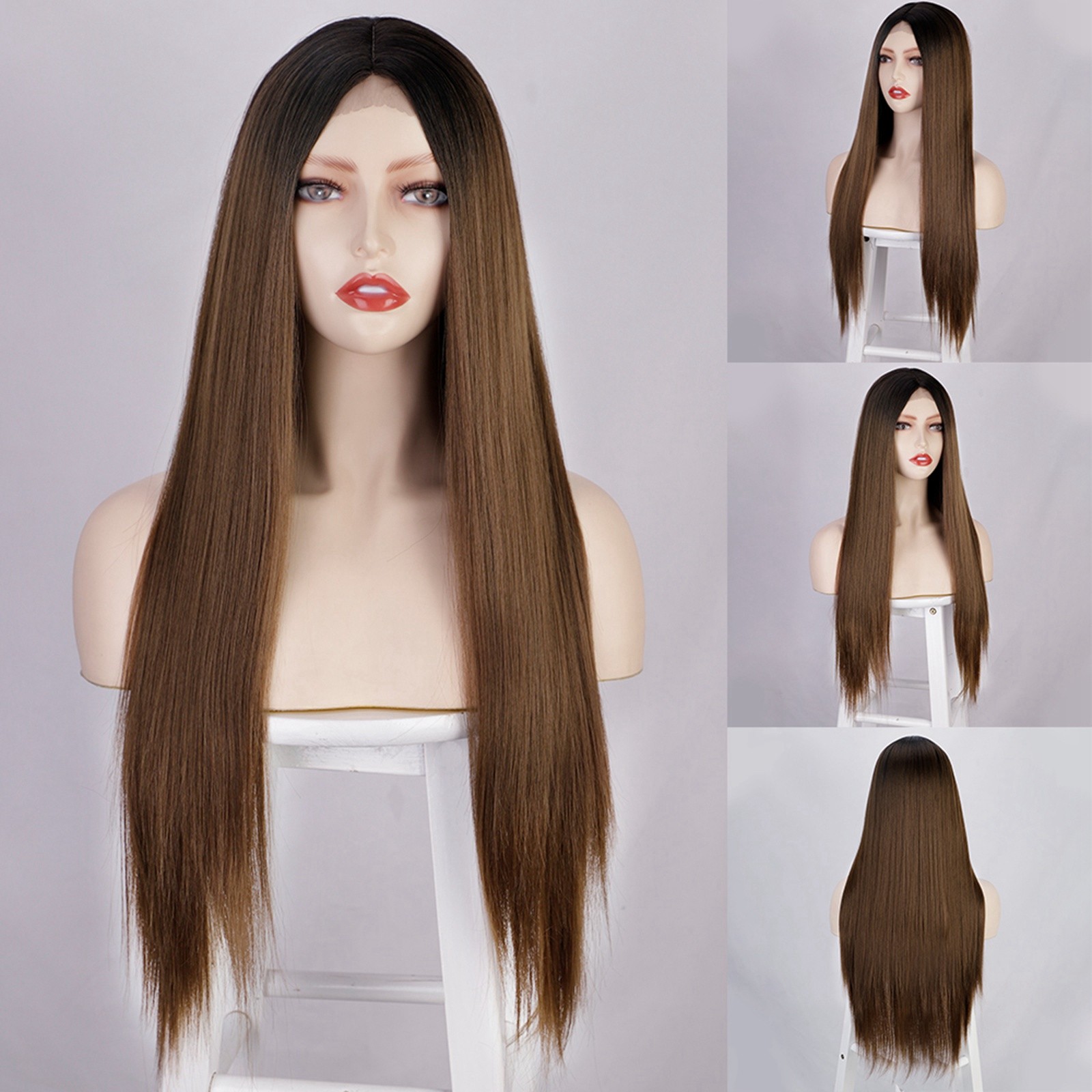 European And Brown Middle Parted Long Hair Black Long Straight Female ...