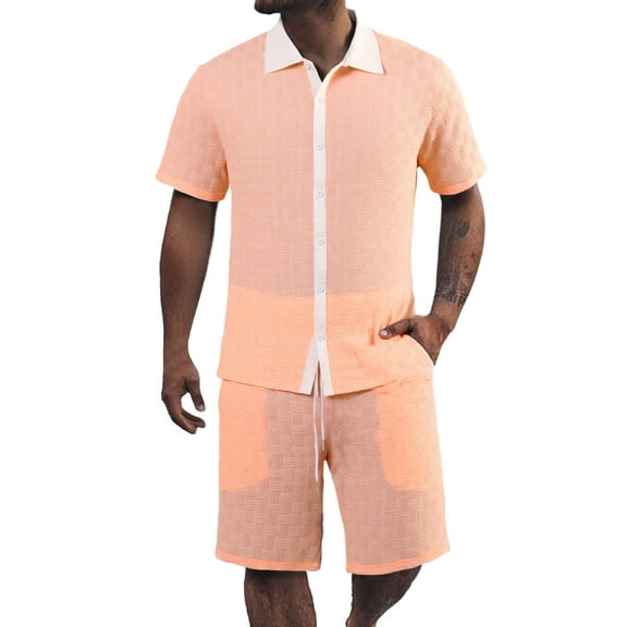 European And Color Blocked Jacquard Lapel Short Sleeved Shirt Shorts Men's Suit Casual, Loose Polyester Multiple Sizes