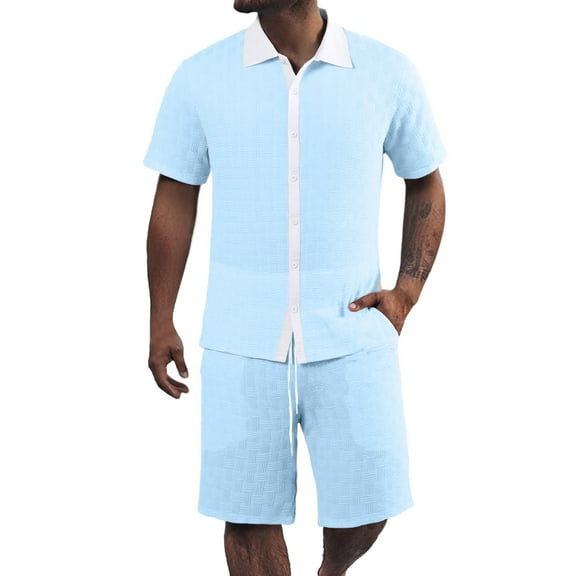 European And Color Blocked Jacquard Lapel Short Sleeved Shirt Shorts Men's Suit Casual, Loose Polyester Multiple Sizes
